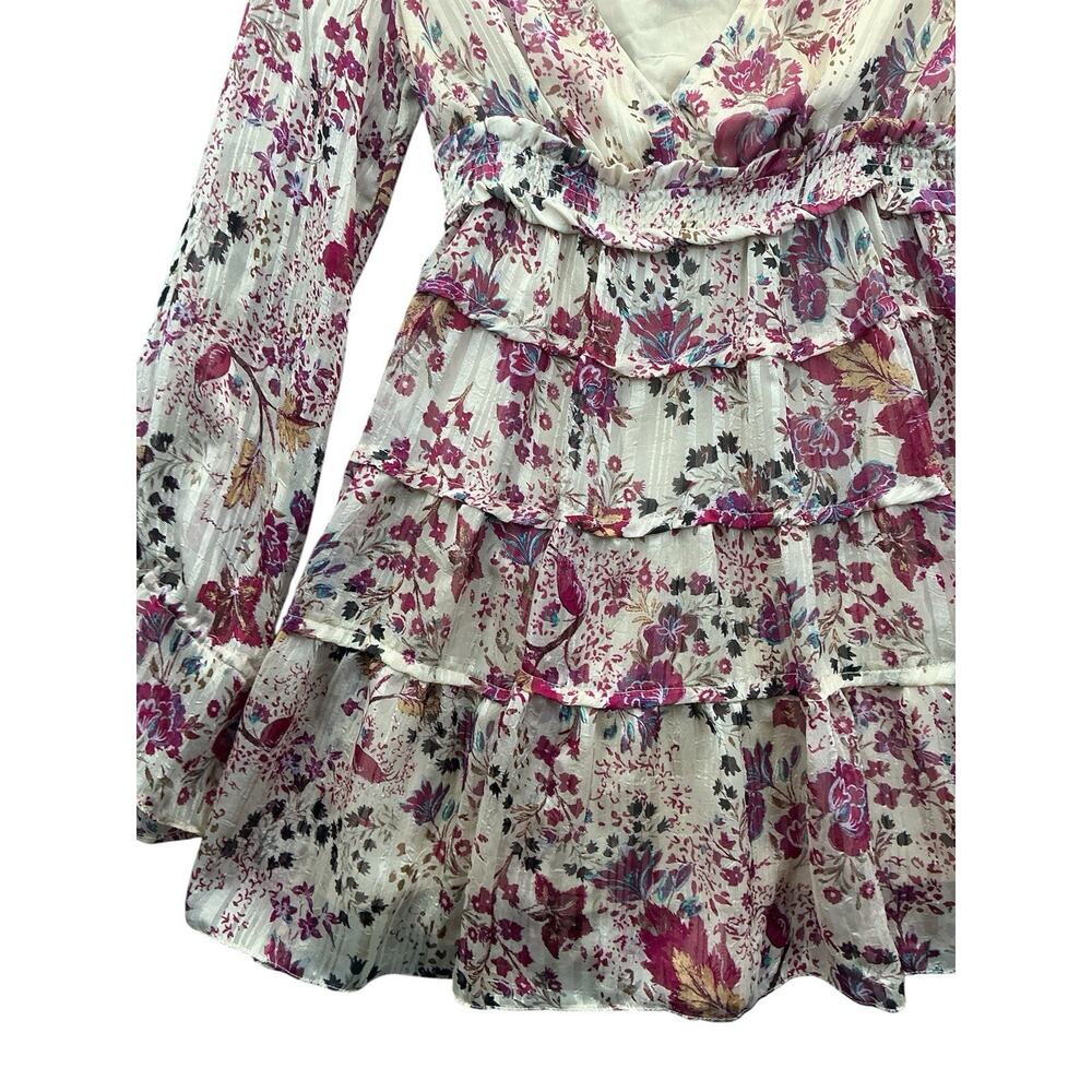Free People Boho Floral Tiered Mini Dress Smocked Long Sleeve Ruffle V Neck XS - Picture 5 of 15